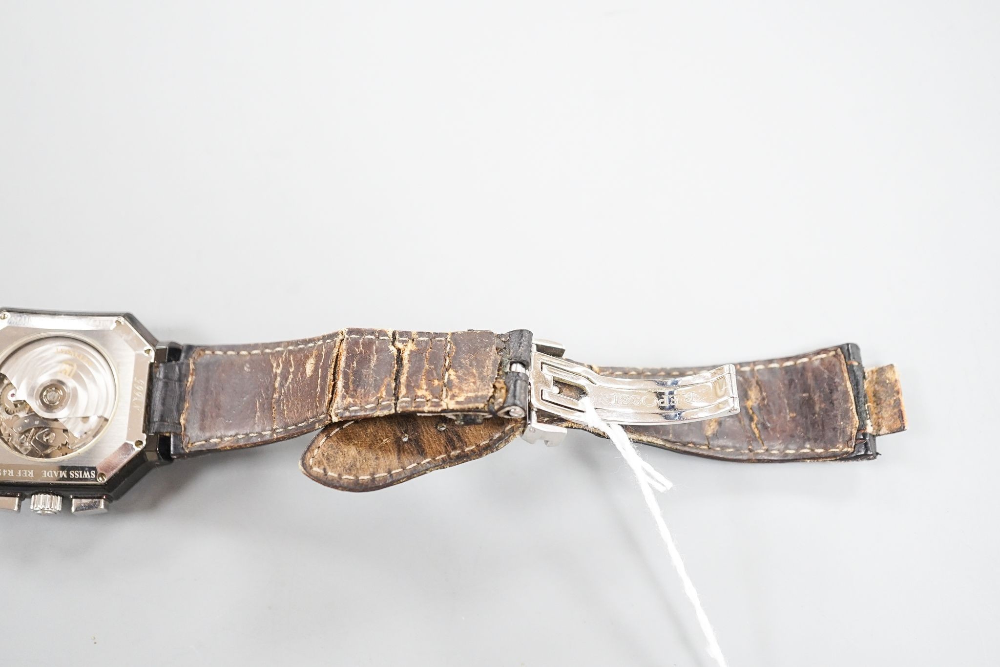 A gentleman's modern blackened stainless steel Swiss Repossi Chronograph automatic wrist watch, on a leather strap(a.f.), no box or papers, case diameter 39mm.